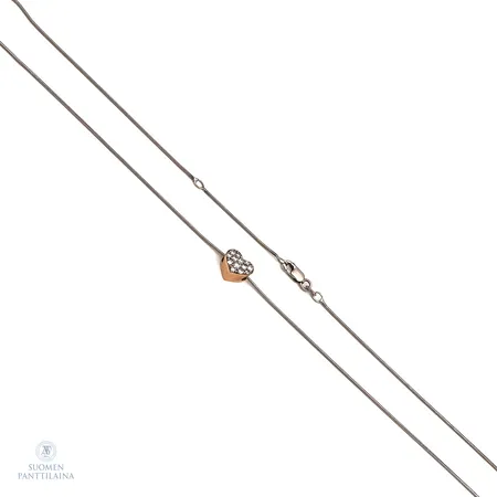 Timanttikaulakoru 1xn.0.03ct 9xn.0.02ct 3xn.0.01ct, ketjun pituus 42-45,5cm, riipuksen korkeus 8mm, 585 valko- ja keltakulta,  Paino: 4,6 g