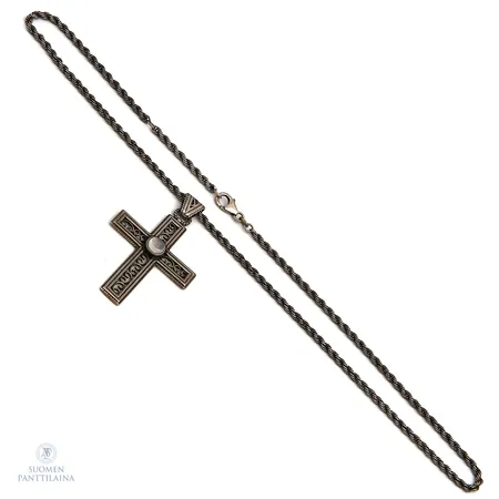 Fiilgraani-ristikaulakoru kivellä, Kalevala Koru, riipuksen korkeus 55mm, ketjun pituus 45cm, 925br,  Paino: 17,3 g