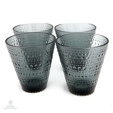 Neljä juomalasia, Kastehelmi, Iittala, korkeus 100mm, design Oiva Toikka, harmaa
