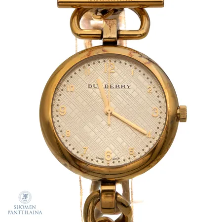 Hopearannekello Burberry Mini Waterloo, malli 12/08/08, Swiss Made, rungon Ø 32mm, rannekkeen pituus 190mm, sarjanumero BU5304, kullattua hopeaa 925br, mukana laatikko ja takuukortti.