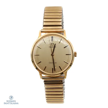 Kultarannekello, Omega Geneve, rungon Ø 33mm, kaiverrettu, mekaaninen, metalliranneke, 585br,  Paino: 54,7 g