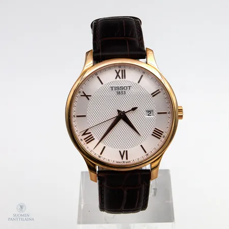 Teräsrannekello Tissot 1853, quartz, taulun Ø 42mm, TO63610A, nahkarannekkeessa kulumia