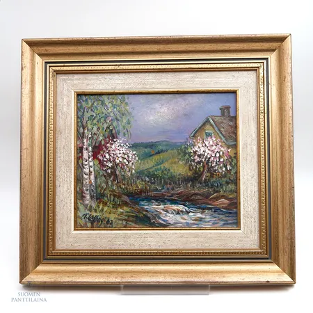 Öljymaalaus T.Lassila "Talo joen rannalla", kehyksein mitat 29x32cm