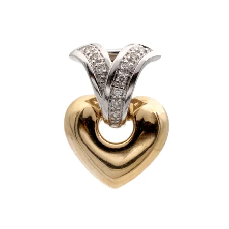 Sydän-riipus timanteilla 10xn.0.005ct, takana avattava-lukko, korkeus 18mm, leveys 13mm, 585 valko- ja keltakulta,  Paino: 3,1 g