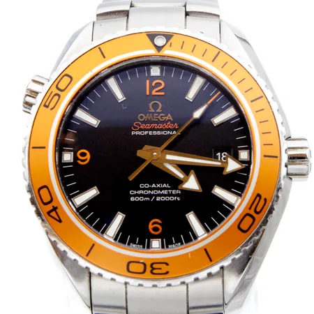 Teräsrannekello Omega Seamaster Planet Ocean Co-Axial Chronometer 600m / 2000ft, Si14 CO-AXIAL 8500, 85247866, Ø 45mm, pituus 180mm, käytöstä aiheutunutta kulumaa rannekkeessa, lisäksi kumiranneke pituus 23-28cm. 