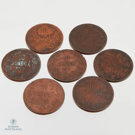7 kappaletta 10 pennin kolikoita 1915-1916