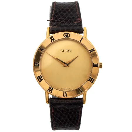 Teräsrannekello, Gucci, quartz: paristo loppunut, rungon Ø 33mm, ref. 3000.2.M, nahkaranneke kulunut, laatikko