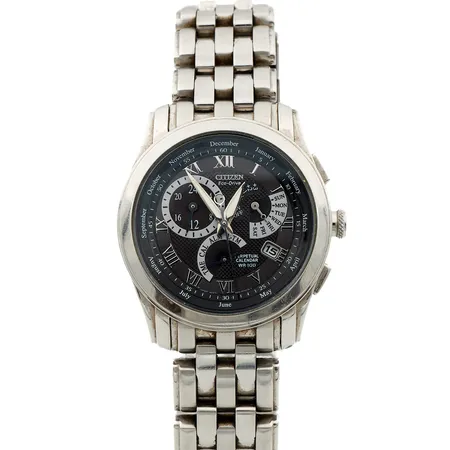 Teräsrannekello, Citizen Eco-Drive, Perpetual Calendar, quartz, rungon Ø 39mm, ref.E870-S015278, rannekeen pituus 165mm,