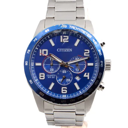 Teräsrannekello, Citizen WR50 quartz, chronograph, lasi viallinen, käytön jälkiä, 0520-S117828, hihnan pituus 205mm, taulun Ø 44mm,  