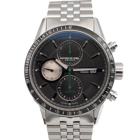 Teräsrannekello Raymod Weil Freelancer Chronograph, automaatti, ref. 7731-STI-20321, sr. K551992, rungon Ø 42mm, rannekkeen pituus 175mm, rannekkeessa pieniä käytön jälkiä, mukana kulunut laatikko ja takuukortti.