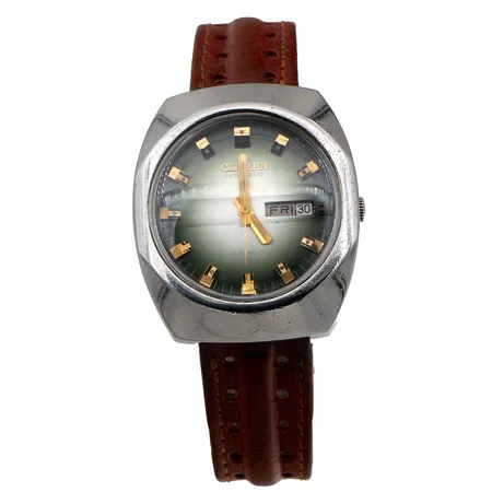 Teräsrannekello, Citizen, automaatti, 21 jewels, ref. GN-4-S, käytön jälkiä, taulun mitat 37x42mm, nahkaranneke