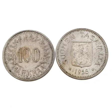 kaksi hopearahaa, 100 markkaa, vuodet 1958 ja 1956, 500,  Paino: 10,5 g
