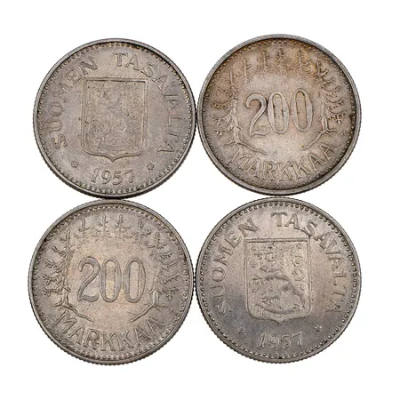Neljä hopearahaa, 200 markkaa, vuodet 1956-1957, 500,  Paino: 33,3 g