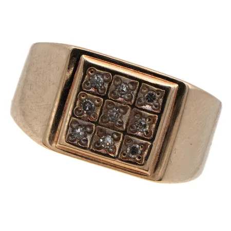 Timanttikantasormus 9xn0.005ct, runko vääntynyt, koko 17, 585,  Paino: 5,3 g