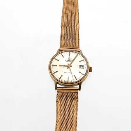 Kultarannekello, Certina, Blue Ribbon, automaatti, päivyri, rungon Ø 37mm, lasissa käytön jälkiä, runko 585br, rannekeessa vääntymiä, rannekkeen pituus 200mm, ranneke 750,  Paino: 71,7 g