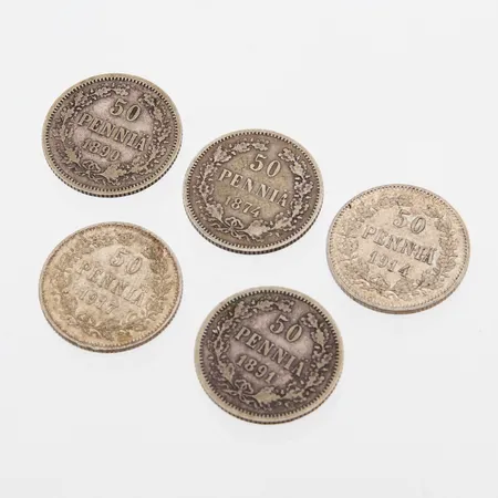 4 kappaletta suomalaisia hopearahoja, 50 penniä, vuosilta 1874-1914, 750 hopea,  Paino: 12,4 g