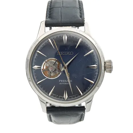 Teräsrannekello, Seiko, Presage Cocktail Automatic, Cal:4R38A-01N0, Made in Japan, rungon Ø 40,5mm, rannekkeen pituus 195mm, lasissa naarmu ja käytön kulumaa, nahkarannekkeen pituus 160-200mm