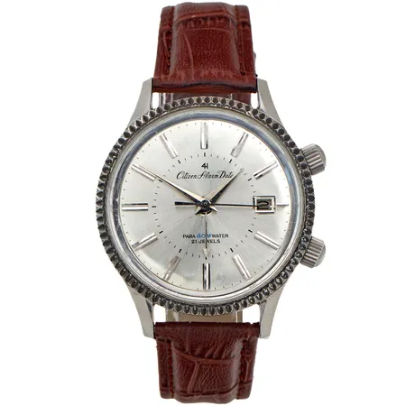 Teräsrannekello, Citizen, Alarm Date Para 40, automaatti, ref. ALDS 51301a-Y, sr. 51001506, rungon Ø 38mm, käytön jälkiä, tuntiviisari ei pysähdy tasalla, ranneke ei alkuperäinen