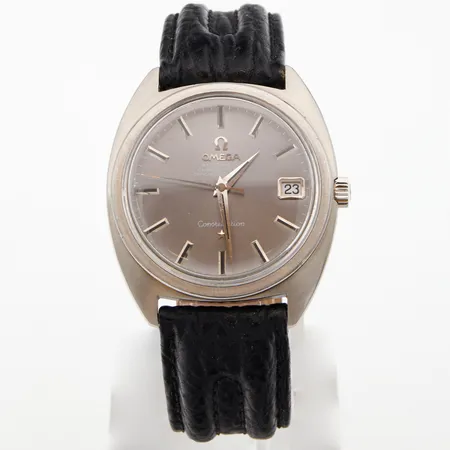 Teräsrannekello Omega Constellation nahkarannekkeella, automaatti, Ø 36mm, sarjanumero 25639406, caliberi 564, 24-kivinen, rannekkeen pituus 160-200mm.