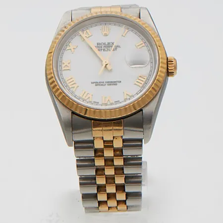 Teräsrannekello, Rolex Oyster Perpetual Datejust, Ø 35mm, automaatti, sarjanumero Y105483, ref.16233, rannekkeen pituus 190mm, neljä jatkopalaa, mukana laatikko ja paperit.
