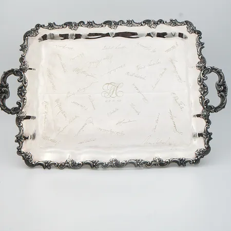  Hopeinen tarjotin, kaiverrettu, mitat 530x365mm, 813, Paino: 1816,6 g