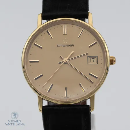 Kultarannekello, Eterna, taulun Ø 33mm, 4100.65.20, quartz:paristo loppunut, nahkaranneke, laatikko, 585br, 