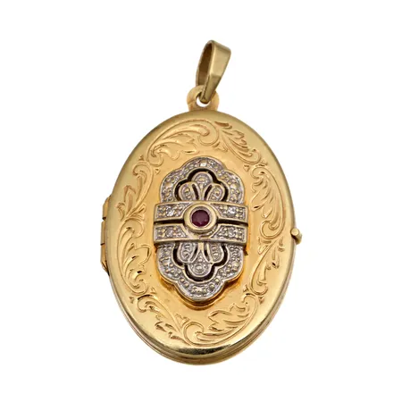 Kivimedaljonki timanteilla 4xn.0.005ct, korkeus 37mm, takana kevyt painauma, 585br,  Paino: 5,6 g