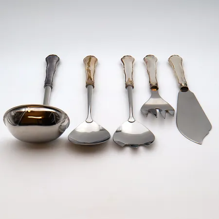 Liemikauha, salaattiottimet ja, kakkuhaarukka ja -veitsi, Chippendale, pituus 250mm, 250mm ja 230mm, käytöstä aiheutunutta kulumaa, 830br,  Paino: 413,4 g