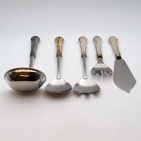 Liemikauha, salaattiottimet ja, kakkuhaarukka ja -veitsi, Chippendale, pituus 250mm, 250mm ja 230mm, käytöstä aiheutunutta kulumaa, 830br,  Paino: 352,3 g