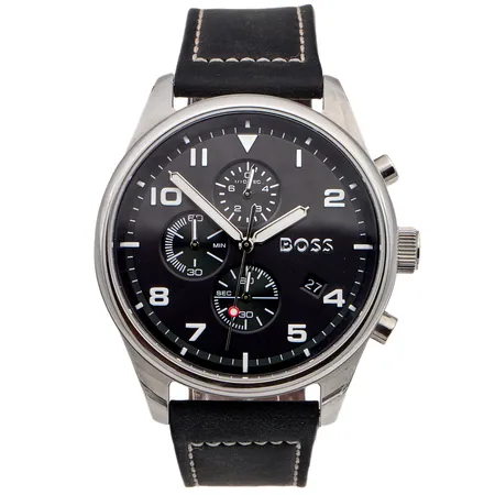 Teräsrannekello, Hugo Boss View, quartz, rungon Ø 44mm, ref. 1513987, nahkaranneke jossa normaaleja käytön jälkiä