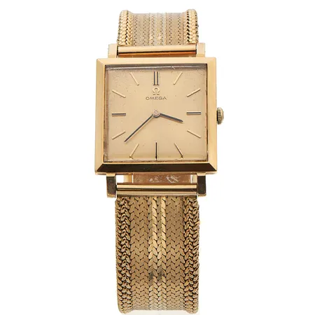 Kultarannekello, Omega, mekaaninen, rungon mitat 25x25mm, rannekeen pituus 195mm, 585br, laatikko, Paino: 65 g