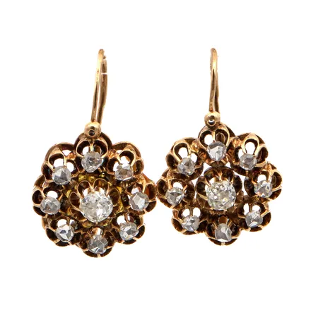 Timanttikorvakorut, 2xn.0.16ct 16xn.0.03ct vanha hiontaisia, korkeus 22mm, 585br, Paino: 7,7 g
