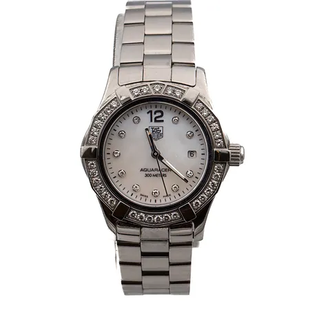 Teräsrannekello timanttikehällä- ja taululla 45xn.0.01ct, Tag Heuer, Aquarecer, ref. WAF1416.BA0813,  rungon Ø 22mm, rannekkeen pituus 170mm,  helmiäistaulu, quartz, timanttitodistus, 
