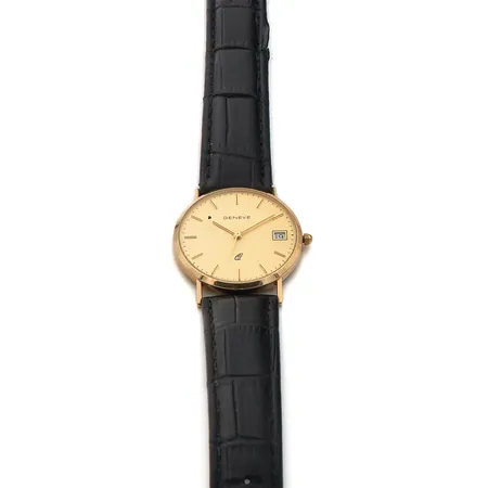 Kultarannekello Geneve, quartz, kaiverrettu, ei käy, taulun Ø 31mm, nahka ranneke, 585br, 