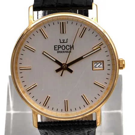 Kultarannekello Epoch Stockholm, kaiverrettu, quartz, rungon Ø33mm, nahkarannekkeen pituus 170-210mm, 585br,  Paino: 29,7 g