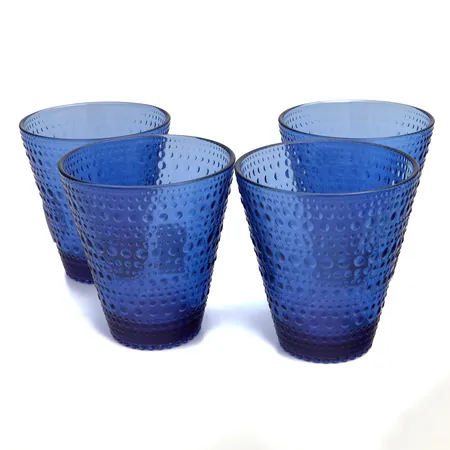 Neljä juomalasia, Kastehelmi, Iittala, design Oiva Toikka, 30cl, sininen, korkeus 95mm,