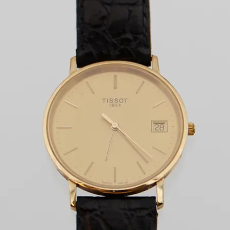 Kultarannekello Tissot, quartz, ei käy, kaiverrettu, rungon Ø 33mm, rannekkeen pituus 170-210mm, ranneke rikki, 585br,  Paino: 29,6 g