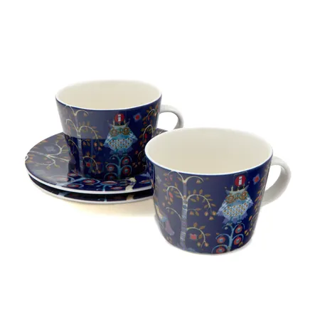Kaksi kahvikuppia ja asettia Iittala, Taika, 0,3 litraa, asetti Ø 15cm, pieniä käytön jälkiä, sininen.