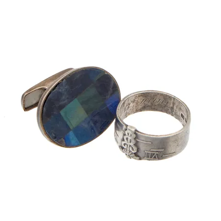 Viallinen kivikalvosinnappi ja sormus, 830-925br, Paino: 12,8 g