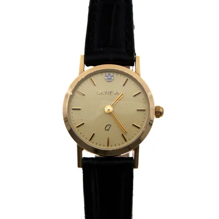 Kultarannekello Geneve, taulun Ø 21mm, taulussa timantti 1xn0.01ct, quartz, lasin sisällä roska, nahkaranneke, runko 585br, Paino: 0 g