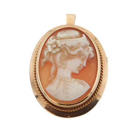 Camee-rintakoru riipuslenkillä, korkeus 35mm, leveys 24mm, 585br,  Paino: 6 g