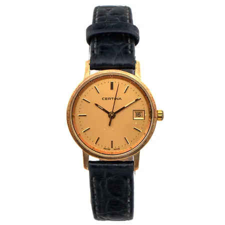 Kultarannekello, Certina, quartz: paristo loppunut, kaiverrettu, rungon Ø 24mm, nahkaranneke, 585br, Paino: 0 g