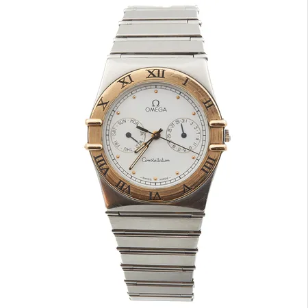 Teräsrannekello Omega, Constellation Day-Date, quartz, rungon Ø 32mm, rannekkeen pituus 195mm, käytön jälkiä 
