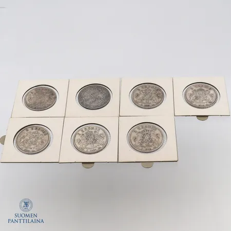 Seitsemän hopea rahaa, nimellisarvo kaksi kruunua, vuosilta1876, 1892, 1900, 1903, 1903, 1904, 1897, Ruotsi  Paino: 0 g