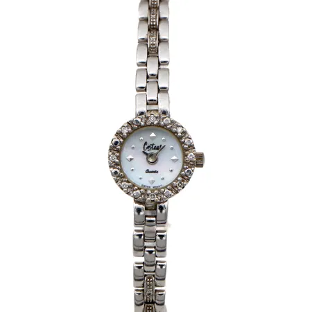 Kultarannekello timanteilla 14xn0.005ct, Corteal, rungon Ø13mm, rannekkeen pituus 185mm, quartz, paristo loppunut, valkokulta 585br,  Paino: 14,2 g