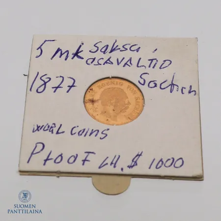 Kultaraha, nimellisarvo 5 markkaa, vuodelta 1877, Saksa, 900,  Paino: 1,9 g