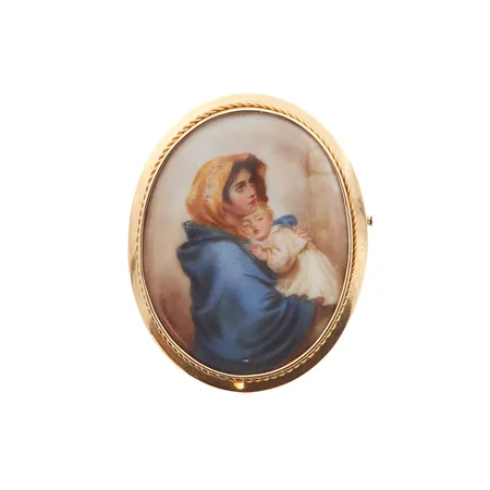 Kivirintaneula, Madonna ja lapsi, mitat 55x69mm, vuodelta 1947, tekijänleima A.K, 585br, Paino: 31,7 g