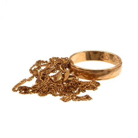 Viallinen kaulaketju ja kaiverrettu sormus, 750, Paino: 5,5 g