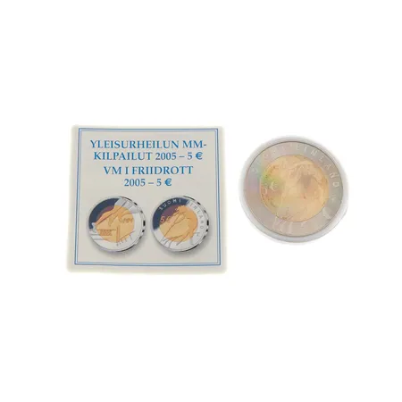 Juhlaraha, Yleisurheilun MM-kilpailut 2005, nimellisarvo 5 euroa, aitoustodistus, Cu/Ni.
