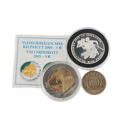 Juhalaraha suomi MM-2005 5, hopearaha 100mk vuodelta 1957 500 hopeaa paino 5,2g opearaha Saksa 10 markkaa 1972, 625 hopeaa, paino 15,5g